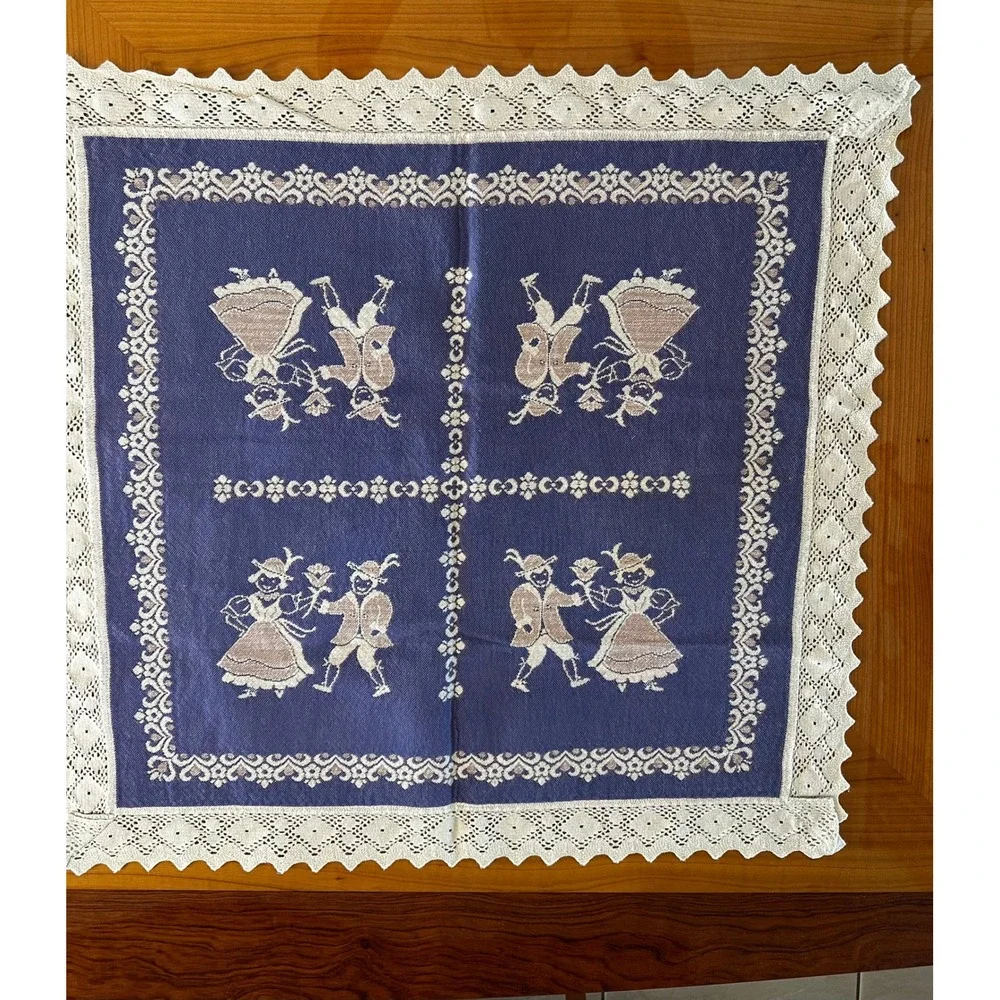 Vintage Blue White Folk Art Woven Tablecloth Lace Trim Bavarian Alpine Figures
